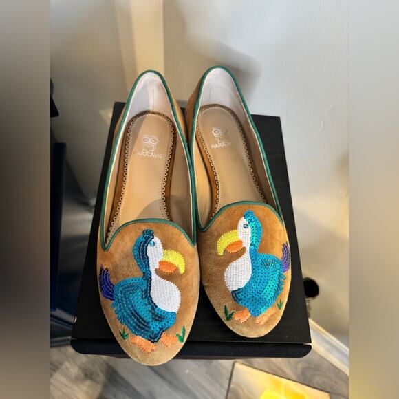 Rara Avis Tan Suede Loafers with Colorful Bird Embroidery 8.5 wide - Picture 1 of 6